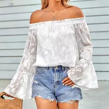 2023 сексуальные рубашки с открытыми плечами, расклешенные блузки с длинными рукавами, женские элегантные свободные повседневные топы, женские кружевные шифоновые блузки с цветочным принтом 26663 S темно-розовый