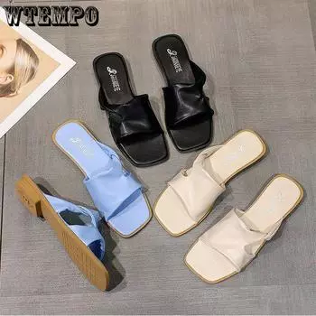 2023 Simple Temperament, однотонные, удобные, на плоской подошве, женские летние уличные тапочки, элегантные, повседневные, пляжные сандалии 35 чёрный