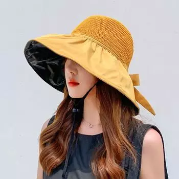 2023 South Korea Stylish round Woven Straw Hat Breathable Sun Protection Sun Hat Sports Outdoor Female Summer Hat Wheat color Adjustable