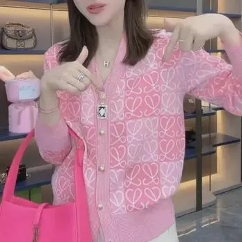 2023 Spring European Contrast Jacquard Collar Knit Women s Long Sleeve Cardigan Sweater 2XL (suggested for 130-140 jin) зелёный