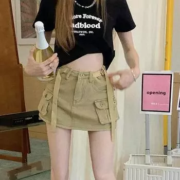 2023 Spring/Summer Girls Denim Overall Skirt with Pockets - A-line and Hip-wrapped Design XS хаки