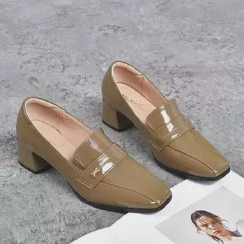 2023 Spring Women s British Style Square Toe Chunky Heel Loafers - Soft Leather Patent Fashion Shoes 36 хаки