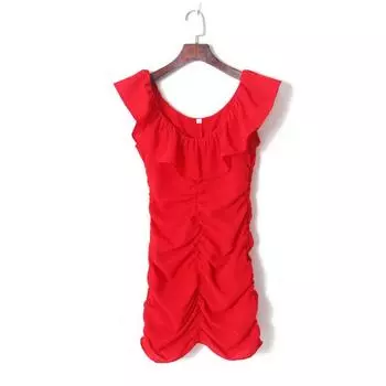 2023 Summer European and American Ladies Ruffles Elastic Ruched Dress Red Square Collar Silm Sheath Sexy Skirt Red S
