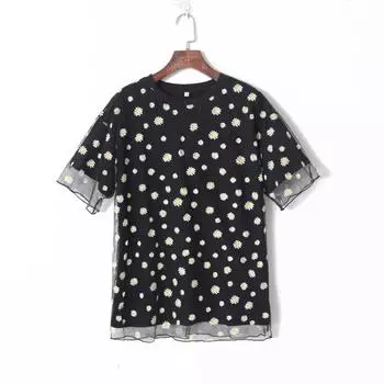 2023 Summer Women s Clothing Comely Stitching Mesh Little Daisy Offset Printing round Neck Pullover Short Sleeve Loose Younger T-shirt Black Daisy M