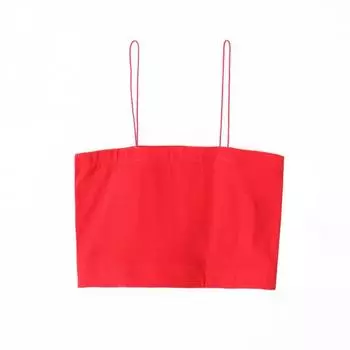 2023 Summer Women s Clothing Fashion European and American Style Pure Color Silm Stretch Plaid All-Matching Short Midriff-Baring Camisole Red M