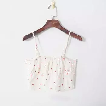 2023 Summer Women s Clothing Fashion K-style Fresh Heart Printing Elastic Neckline Bandeau Slim-Fit Short Camisole White Heart S