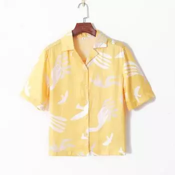 2023 Summer Women s Clothing Fashion K-style Fresh Print Elegant Suit Collar Single-Breasted Loose Easiest for Match Short Sleeve Shirt Yellow background printing S