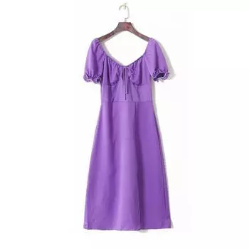 2023 Summer Women s Clothing Fashion K-style Fresh Pure Color Elegance Square Collar Tube Top Puff Sleeves High Waist Silm Dress Purple S