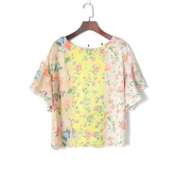 2023 Summer Women s Clothing Fashion K-style Comely Stitching Print round Neck Pullover Ruffle Sleeve Loose Younger Shirt Yellow Print S
