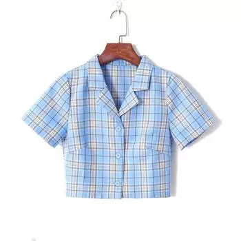2023 Summer Women s Clothing Fashion K-style Color Matching Plaid Elegant Suit Collar Single Breasted Silm Short Younger Shirt Blue grid S