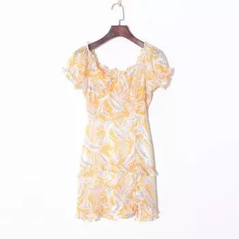 2023 Summer Women s Clothing Fresh Print Elegance Wooden Ear Square Collar Puff Sleeve High Waist Silm Youthful-Looking Dress Orange Print M