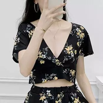 2023 Summer Women s Clothing K-style Fresh Printed Sexy Deep V-neck Batwing Sleeve Open Back Lace up Slim Fit Short Shirt Top M
