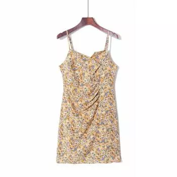 2023 Summer Women s Fashion Style Lapel Smocking Silm Flab Hiding Nightclubs Thinner Suspender Skirt Fashionable Floral Dress Yellow printing M