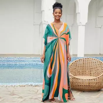 2023 Свободное пляжное платье с принтом в стиле бохо, повседневное платье макси с v-образным вырезом и рукавами «летучая мышь», разрезом по бокам, женская летняя одежда, длинный кафтан Q1126 One size разноцветный