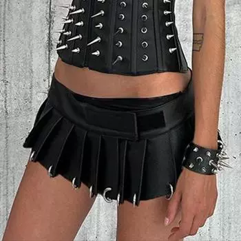 2023 Темная панк-металлическая кожаная плиссированная юбка: Низкая талия, короткие, осенний стиль для горячих европейских и американских девушек One Size чёрный