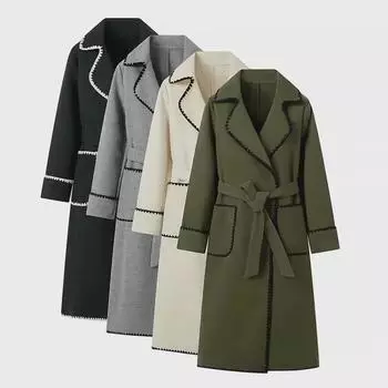 2023 Теплое шерстяное женское пальто со шнуровкой и длинными рукавами на осень/зиму Small чёрный