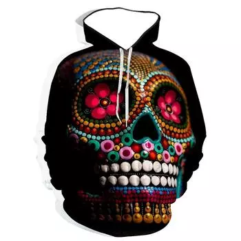 2023 Толстовка с капюшоном с 3D цифровым принтом и рисунком черепа на Хэллоуин, толстовка с капюшоном S