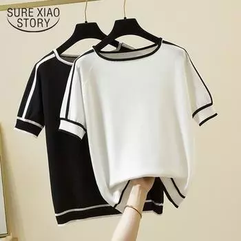 2023 тонкая вязаная футболка женская мода с коротким рукавом летние топы стежка белая футболка футболка Y2k женская одежда 18841 One Size белый