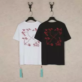 2023 Трендовая футболка унисекс с цветочным принтом из хлопка с короткими рукавами S чёрный