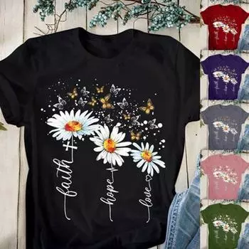 2023 трендовая повседневная большая женская футболка с коротким рукавом и узором ромашки, летняя женская футболка, свободная женская футболка с круглым вырезом, топы S