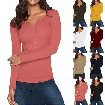 2023 Узкая футболка с V-образным вырезом и длинными рукавами на пуговицах Double Extra Large армия зеленый