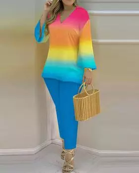 2023 Весенний женский европейский и американский модный комплект с V-образным вырезом и длинными рукавами XXXL