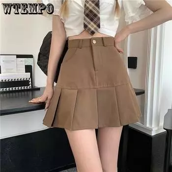 2023 Весенняя шикарная однотонная плиссированная юбка. Простая узкая студенческая полуюбка с высокой талией. Женская универсальная полуюбка с защитными брюками. XS чёрный