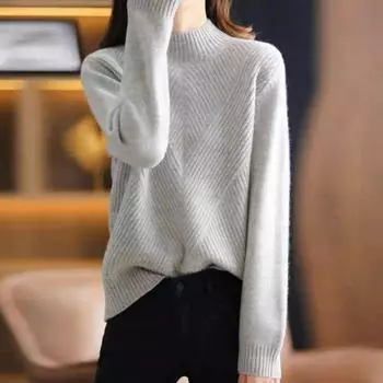 2023 Весна и Осень Узкий Полосатый Пуловер: Простой вязаный топ с полувысоким воротником One Size верблюд