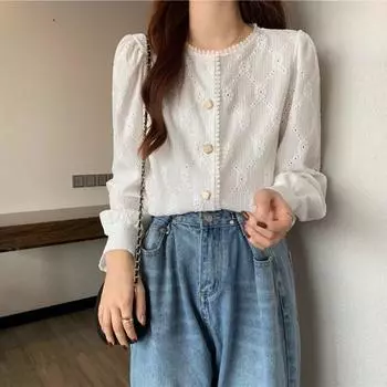 2023 Весна Кружевной Французский Ретро Топ С Длинными Рукавами Для Женщин Medium абрикосовый