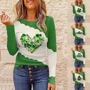 2023 Весна/Лето женская повседневная футболка с длинным рукавом и круглым вырезом с принтом S