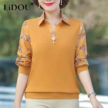 2023 Весна Осень Новая Мода POLO Воротник Печать Длинные Рукава Футболки Женские High Street Вышитые Клеш Универсальный Пуловер XL золотой