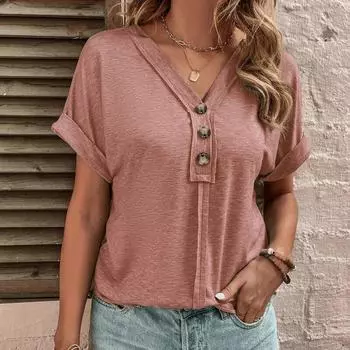 2023 Весна Повседневная футболка Летний топ Модная женская свободная футболка Офисная женская однотонная свободная рубашка с коротким рукавом на пуговицах Элегантная 26252 S тёмно-синий