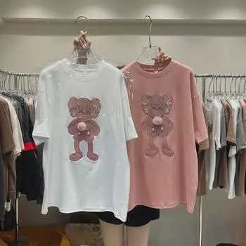 2023 Весна Женский Свободный Хлопковый Топ Средней Длины С Короткими Рукавами и Мультяшным Принтом L розовый