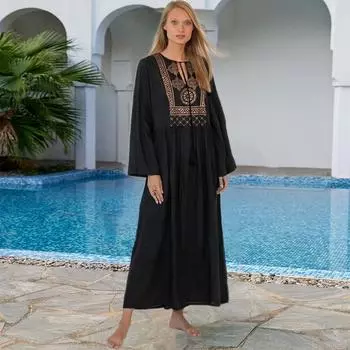 2023 Винтажный кафтан с вышивкой, повседневное пляжное платье с длинными рукавами и кисточками, летняя одежда, женская пляжная одежда, купальный костюм, накидка Q1379