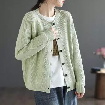 2023 Вязаный кардиган Женский повседневный свитер Осень-зима Свободный джемпер с длинным рукавом Топ Модный элегантный трикотаж Простые свитера 29232 One Size бежевый