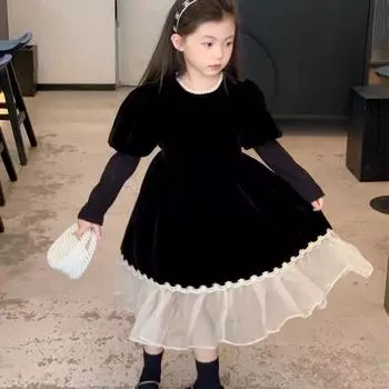2023 весенне-осенняя детская одежда для девочек, модное черное платье принцессы в стиле ретро, детские платья с пышными рукавами и бусинами 2T чёрный
