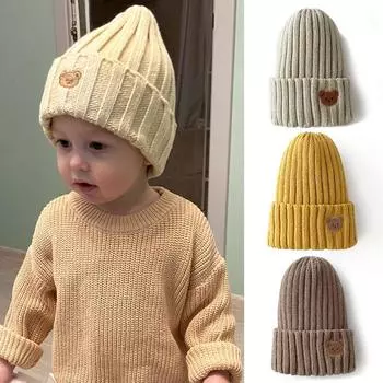 2023 весенне-осенняя детская шапка для мальчиков ярких цветов, шапочки для маленьких мальчиков, вязаная шапка для маленьких девочек, детская вязаная шапка с вышивкой в виде головы медведя 45-50 cm бежевый