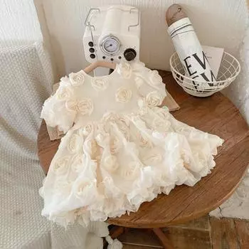 2023 весеннее и летнее платье принцессы с цветочным узором для девочек, платье для малышей, детское платье на день рождения, модное платье с короткими рукавами 100cm слоновая кость