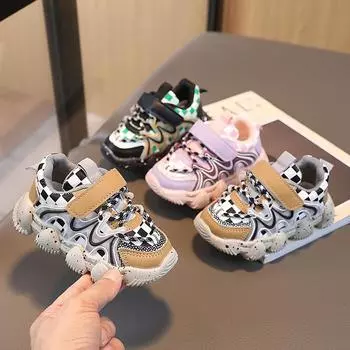 2023 весенняя новая детская обувь, детская спортивная обувь для девочек, детская обувь, клетчатая кожаная обувь для папы 21 зелёный