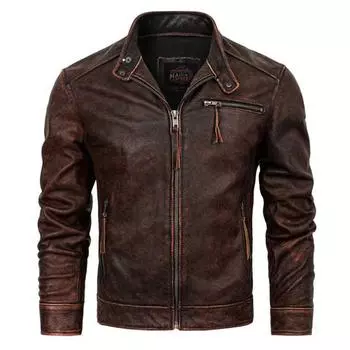 Весенняя новая мужская кожаная мотоциклетная куртка с воротником-стойкой в стиле ретро, мужское кожаное пальто, верхний слой из коровьей кожи, телячья кожа S