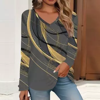 2023 весна и осень новая мода с длинным рукавом повседневная футболка с v-образным вырезом и принтом