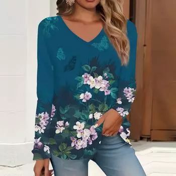 2023 весна и осень новая мода с длинным рукавом повседневная футболка с v-образным вырезом и принтом