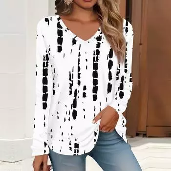 2023 весна и осень новая мода с длинным рукавом повседневная футболка с v-образным вырезом и принтом
