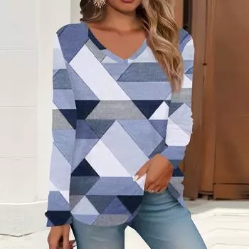 2023 весна и осень новая мода с длинным рукавом повседневная футболка с v-образным вырезом и принтом