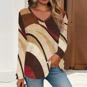 2023 весна и осень новая мода с длинным рукавом повседневная футболка с v-образным вырезом и принтом