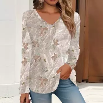 2023 весна и осень новая мода с длинным рукавом повседневная футболка с v-образным вырезом и принтом