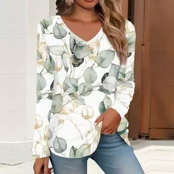 2023 весна и осень новая мода с длинным рукавом повседневная футболка с v-образным вырезом и принтом