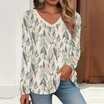 2023 весна и осень новая мода с длинным рукавом повседневная футболка с v-образным вырезом и принтом