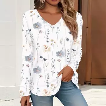 2023 весна и осень новая мода с длинным рукавом повседневная футболка с v-образным вырезом и принтом