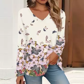 2023 весна и осень новая мода с длинным рукавом повседневная футболка с v-образным вырезом и принтом